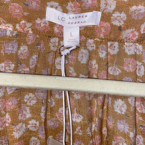 Lauren Conrad Women's Floral Tan Square Neck Peasant Blouse Top Size Large NWT - Picture 8 of 11